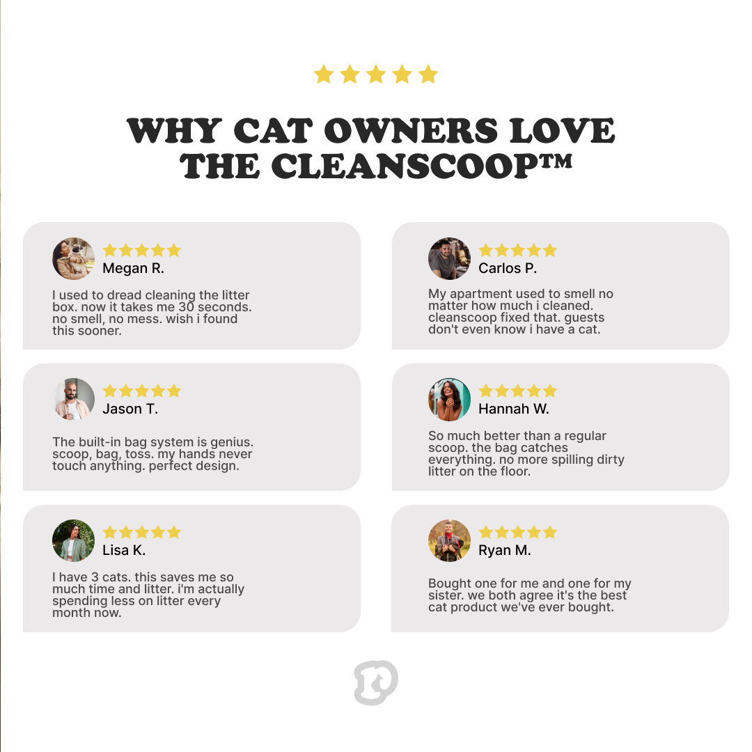 HugPupy CleanScoop 5-star cat owner reviews - fast litter box cleaning in 30 seconds, built-in bag system, no mess no smell for cats