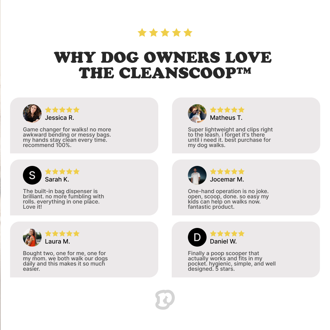HugPupy CleanScoop 5-star dog owner reviews - clean hands on walks, built-in bag dispenser, one-hand operation, perfect for dog walks and poop bag management