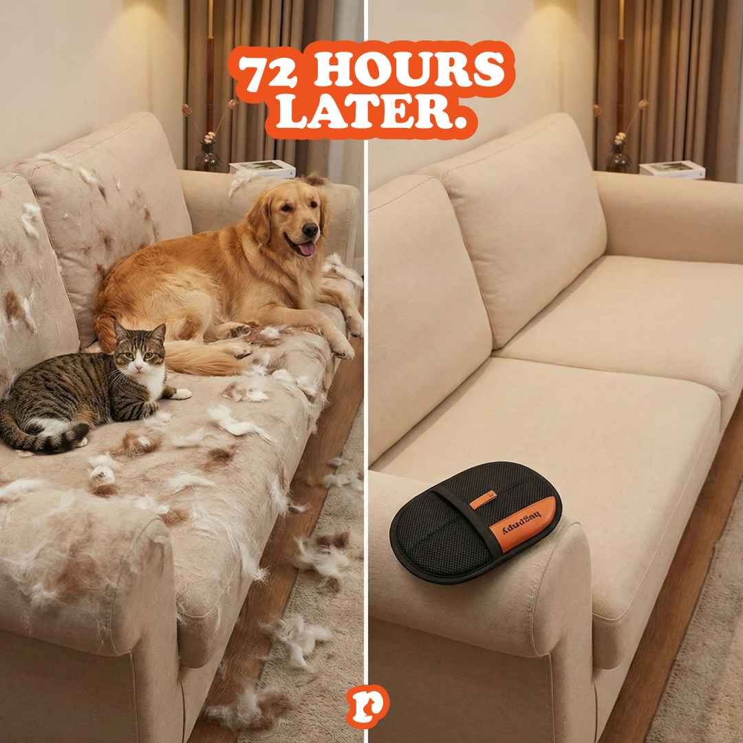 HugPupy HugGroom Bio-Grip Technology - customer lifestyle photo with happy pet using product, pet grooming glove, removes fur, gentle massage, all coat types dogs and cats