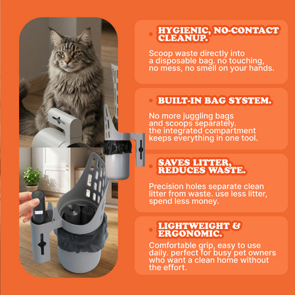 HugPupy CleanScoop benefits - hygienic no-contact cleanup, built-in bag system, saves litter reduces waste, lightweight ergonomic cat litter scoop