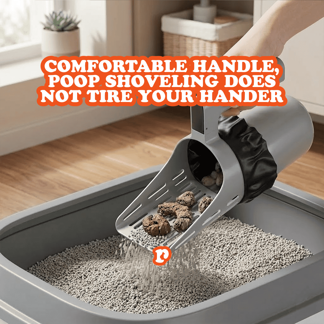 HugPupy CleanScoop ergonomic handle - comfortable grip poop shoveling does not tire your hand - cat litter scoop with built-in waste bag for easy cleaning