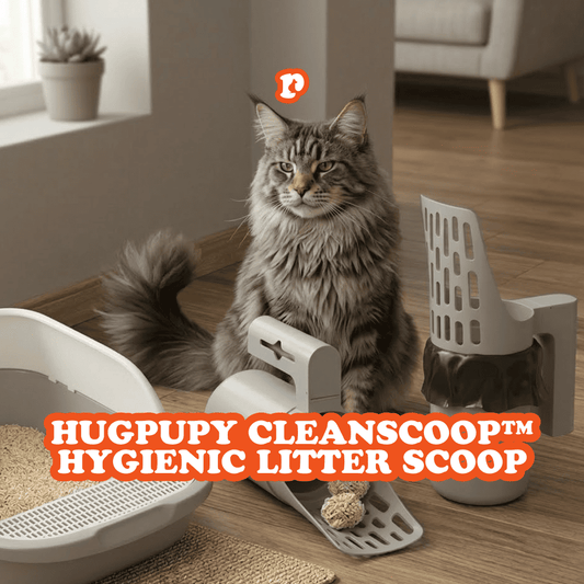 HugPupy CleanScoop hygienic litter scoop - Maine Coon cat next to the self-cleaning cat litter scooper with bag dispenser for mess-free cat toilet maintenance