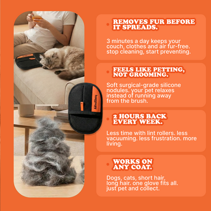 HugPupy pet grooming glove infographic - removes fur, feels like petting, saves 2 hours weekly, works on all coat types for dogs and cats