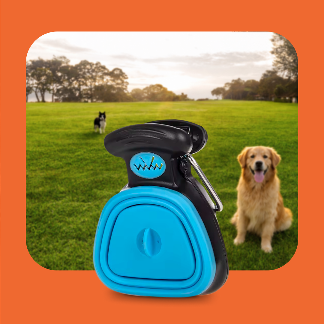 HugPupy blue poop bag dispenser with carabiner clip - golden retriever in park background - portable dog waste bag holder blue color variant
