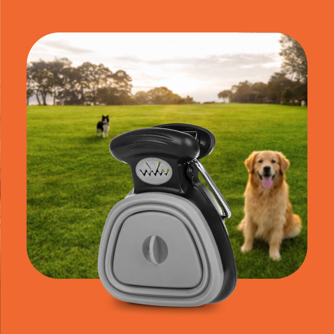 HugPupy portable dog poop bag dispenser with carabiner clip - golden retriever in park background - compact waste bag holder for dog walks